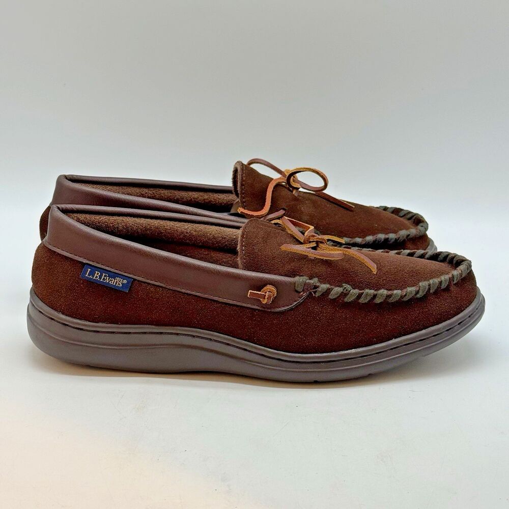 L.B. Evans Suede Moccasin Slippers Men's 9M Brown Leather Trim Fleece Lined Shoe